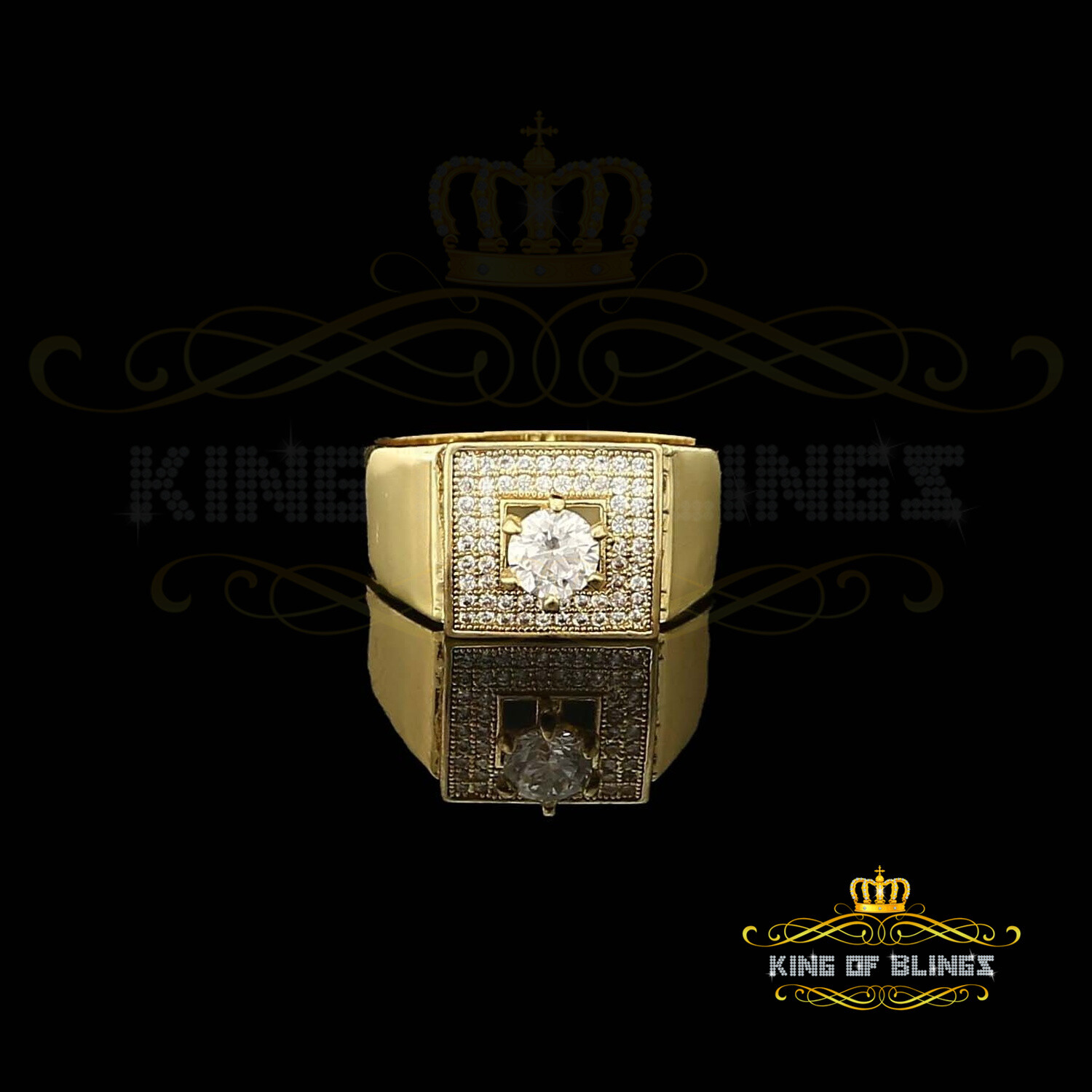 925 Yellow Sterling Silver 0.00ct Cubic Zirconia Square Men’s Ring Big Size 14.5