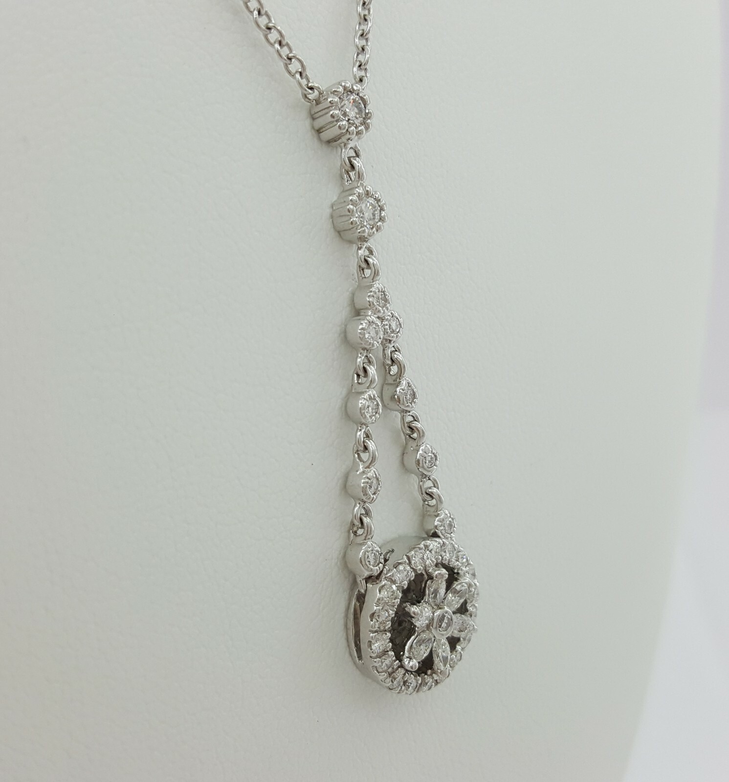 Round & Marquise Cut Diamond Drop Necklace 8.8 Grams 17″ 1.2 ct 14K White Gold