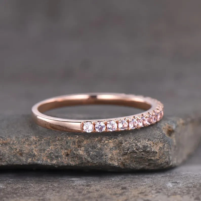 14K Rose Gold Plated Round Cut Morganite Stackable Half Eternity Band Ring