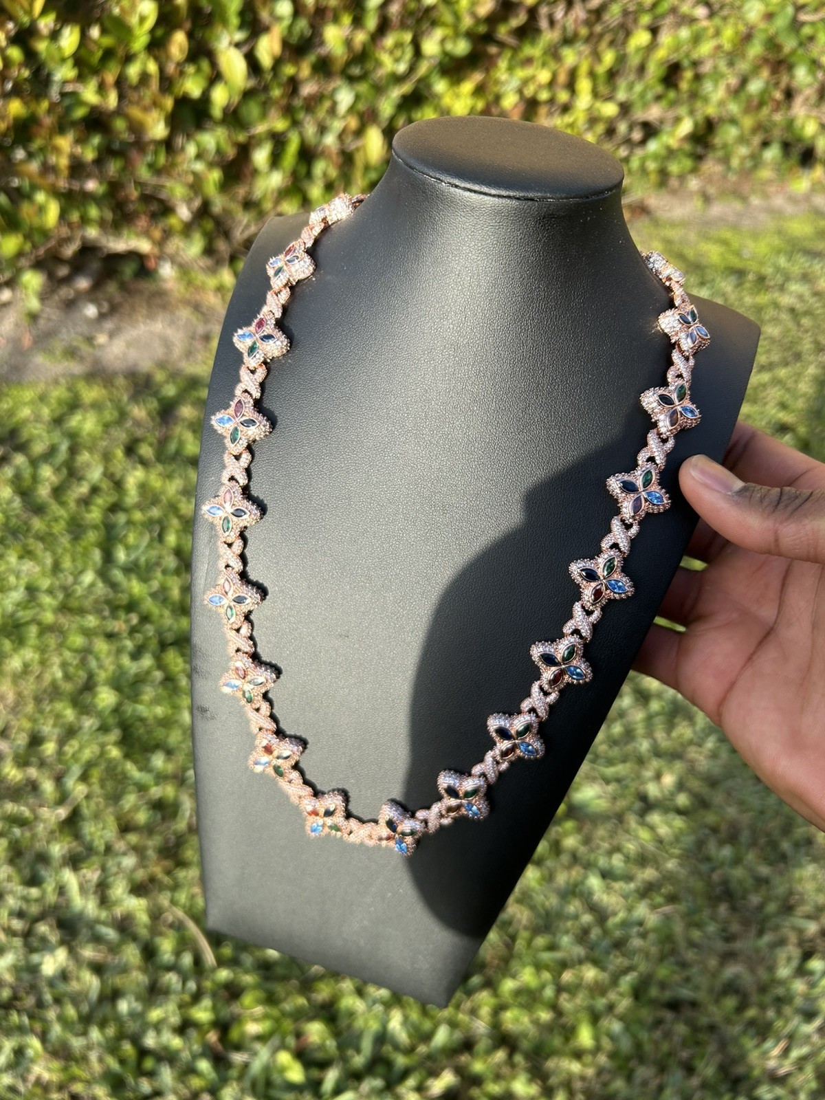 Flower 4 Leaf Clover Iced Out Rose Gold Premium Quality Chain Multicolor