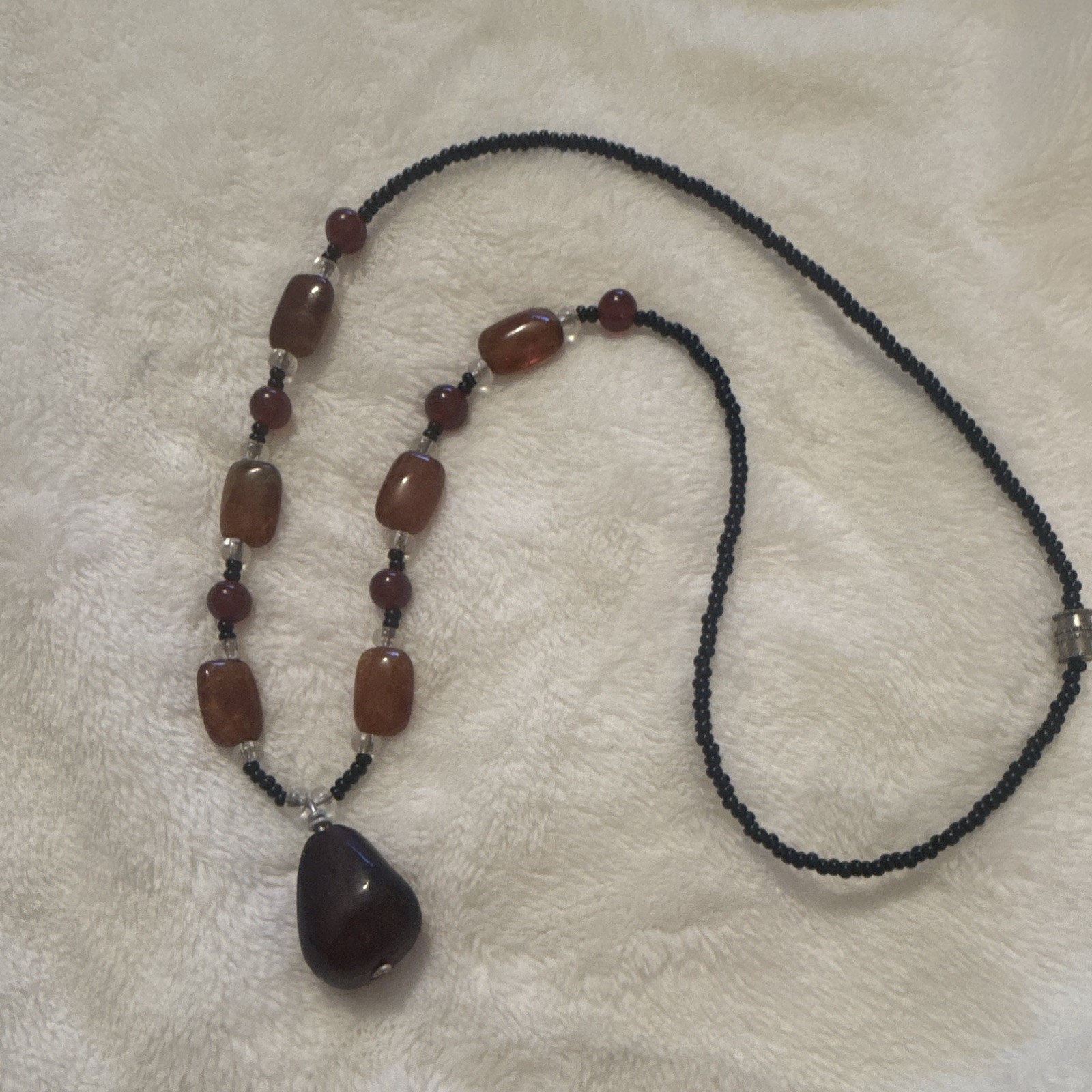 Beaded Necklace Dark Red Teardrop Stone Charm Pendant Bezel Brown/Black