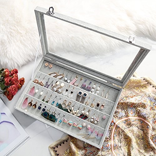 Velvet Clear Lid Earring Box Organizer Storage 55 Pairs Stud Tray Earrings