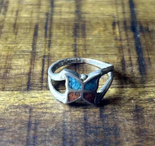 Butterfly Ring With Turquoise And Coral Size 5 3/4 See Description