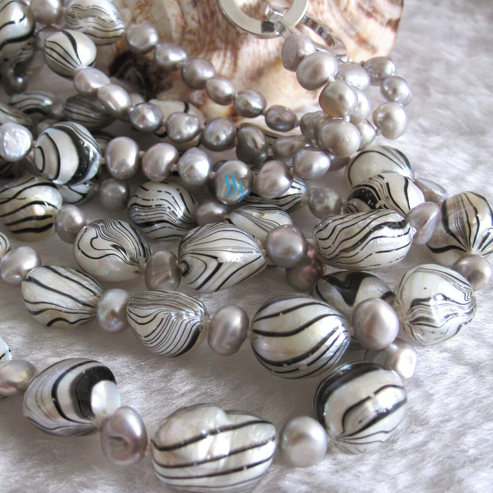 18-20″ 5-11mm Gray White Wave 3Row Baroque Freshwater Pearl Necklace