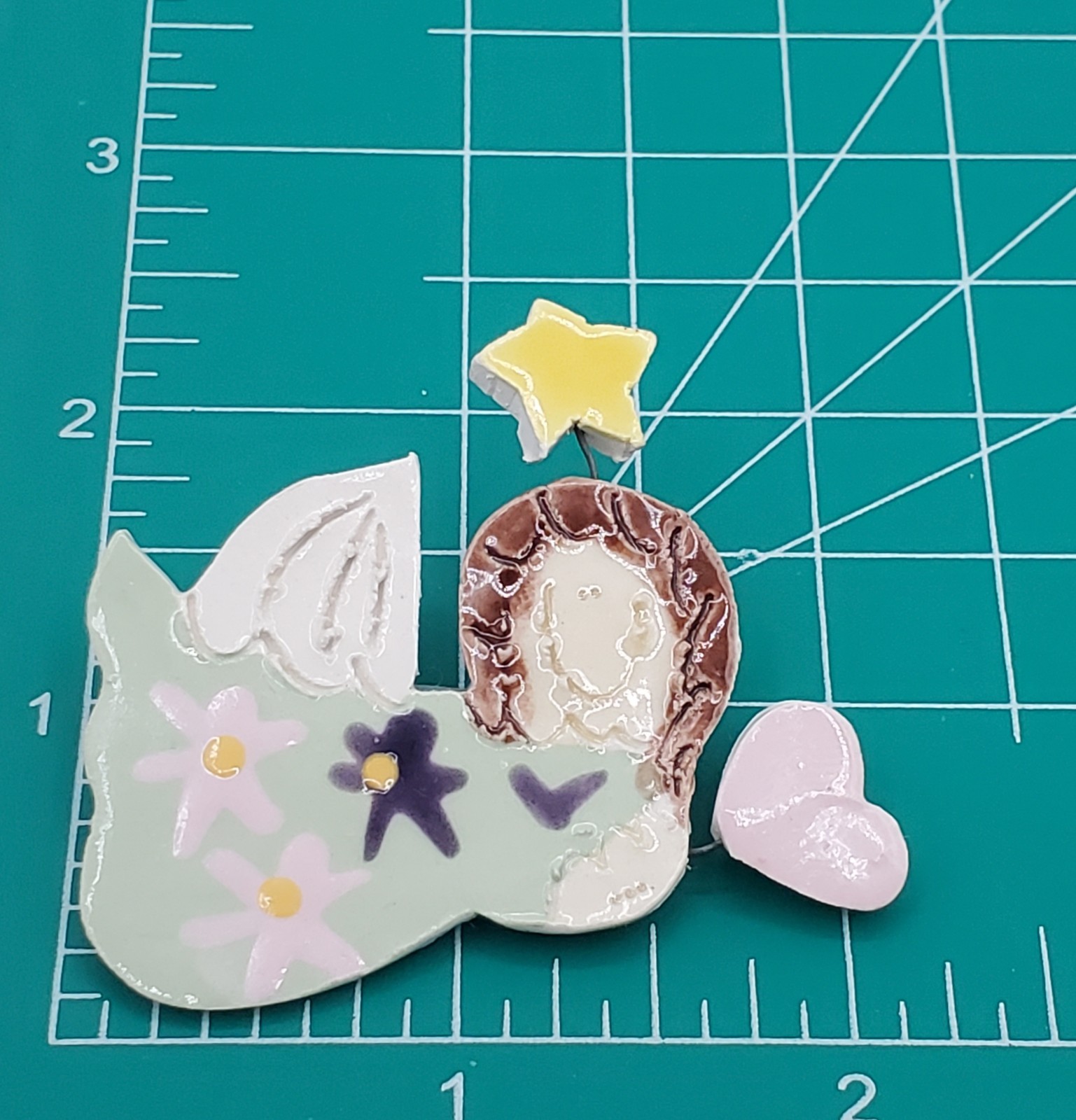 Hand Crafted Angel Brooch 2in Painted Ceramic Floating Heart Star Artisan Pin