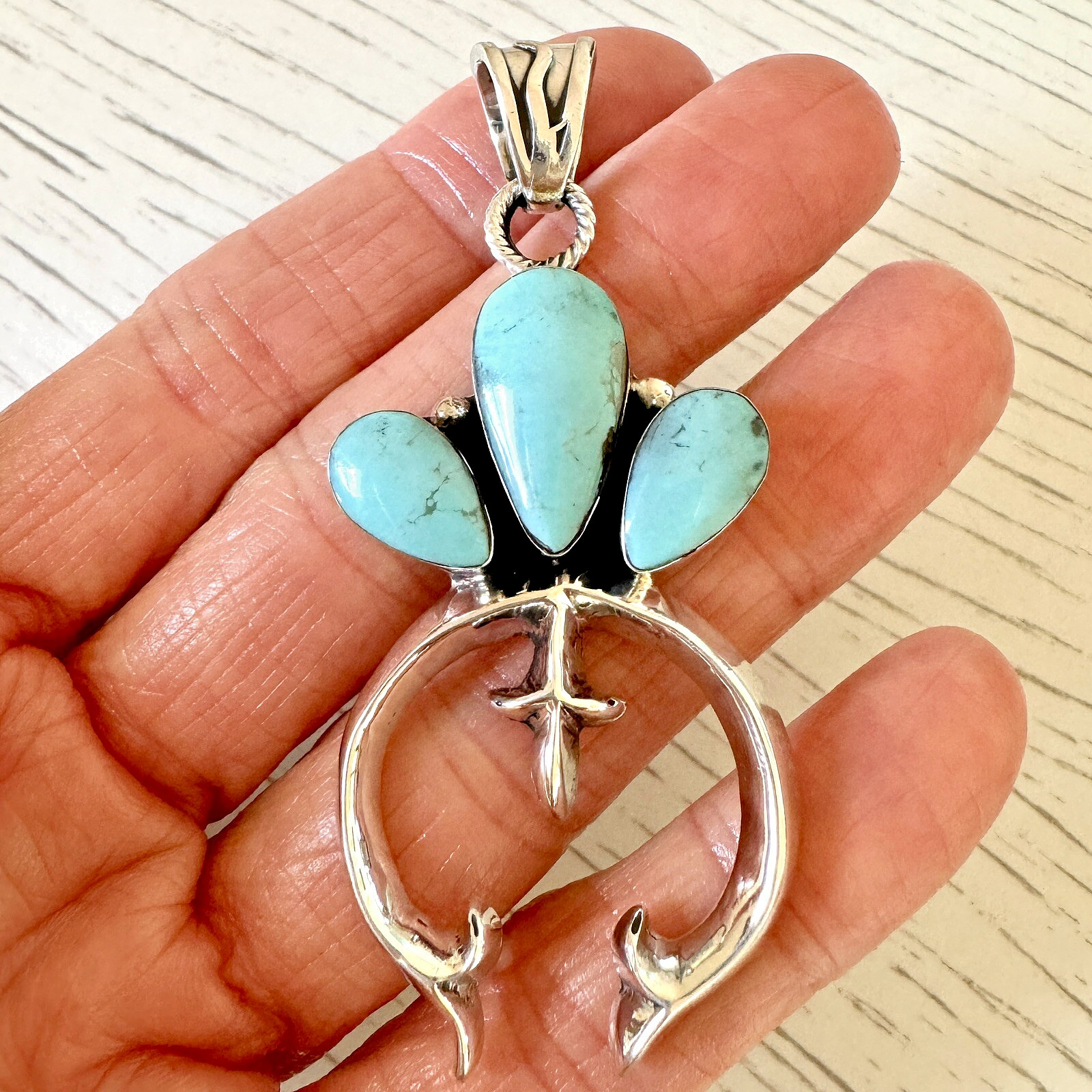 Navajo Naja Pendant Turquoise 2.75in Squash Blossom Sterling Irving Tsosie Crown