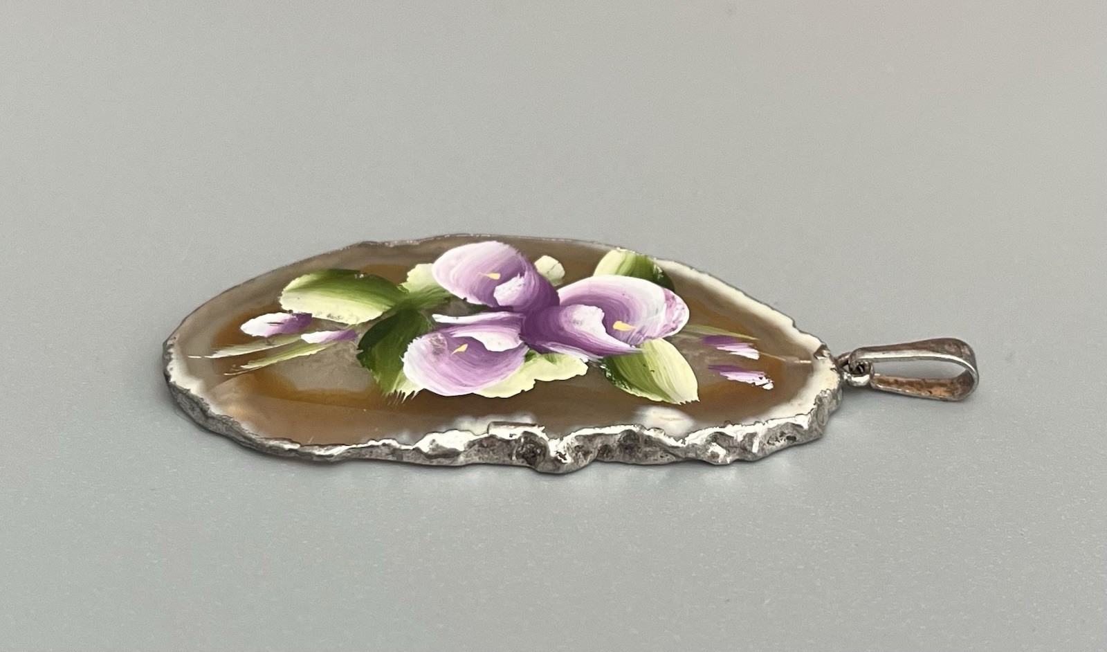 Vintage Hand Painted Translucent Agate Slice Pendant Purple Flowers Silver Tone