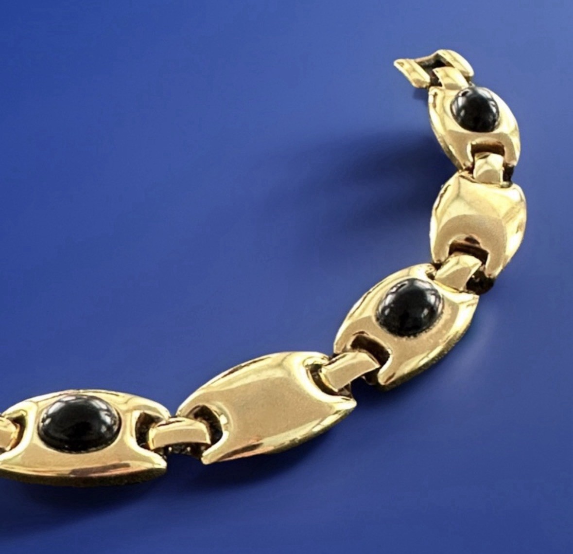Vintage MONET Gold Tone Black Cabochon Link Bracelet 1980s Signed Modernist