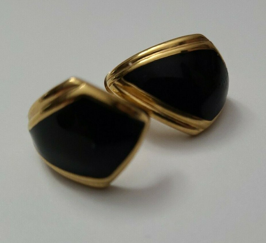 Monet Gold Tone And Black Enamel Kite Shaped Earrings 1″ x .75″ Dressy Classy