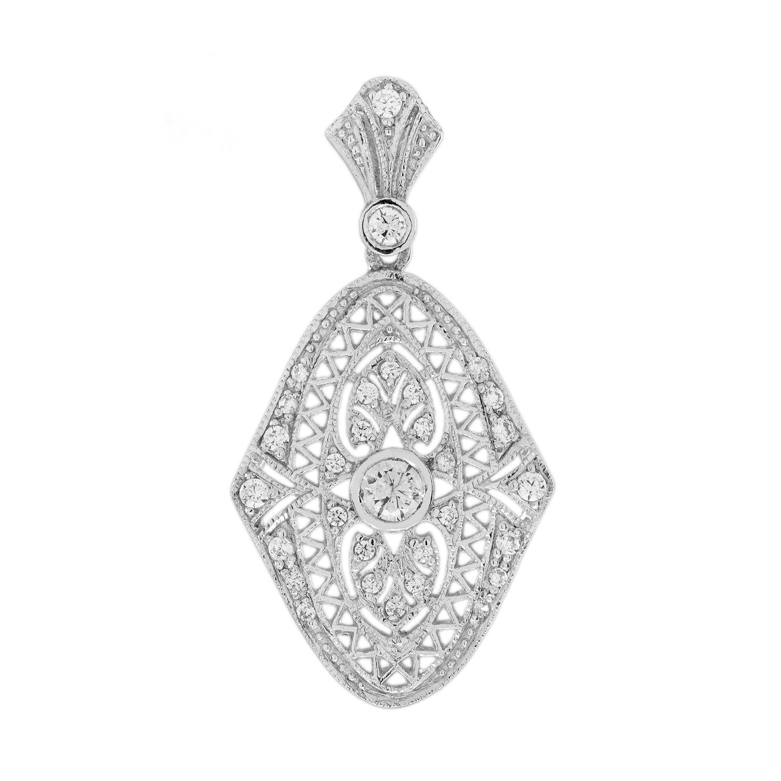 White Gold Diamond Filigree Pendant Antique Inspired Edwardian Style Necklace