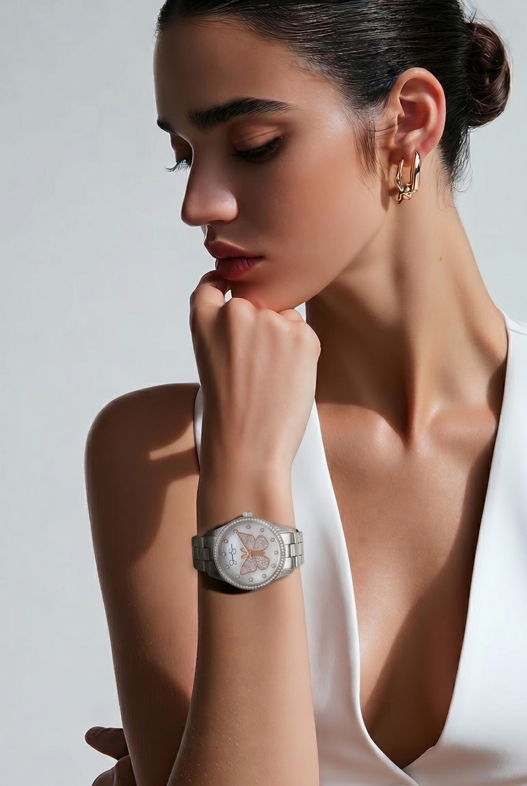 Jessica Simpson Silver-Tone Crystal Butterfly Watch with Mother of Pearl Dial