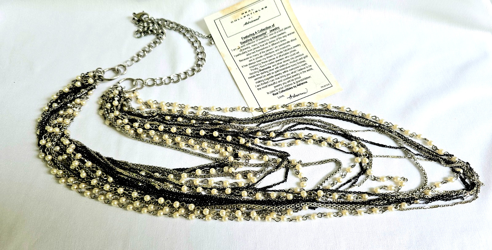 Adrienne 24 Multi Strand Necklace Faux Seed Pearl Silver Black Designer Jewelry