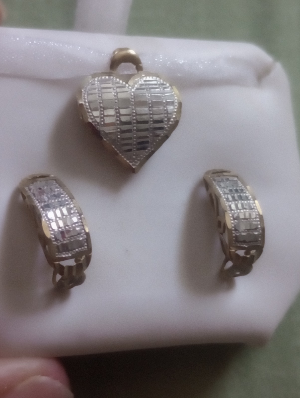 Vintage 10k White And Yellow Gold Heart Pendant And Matching J Hook Earrings