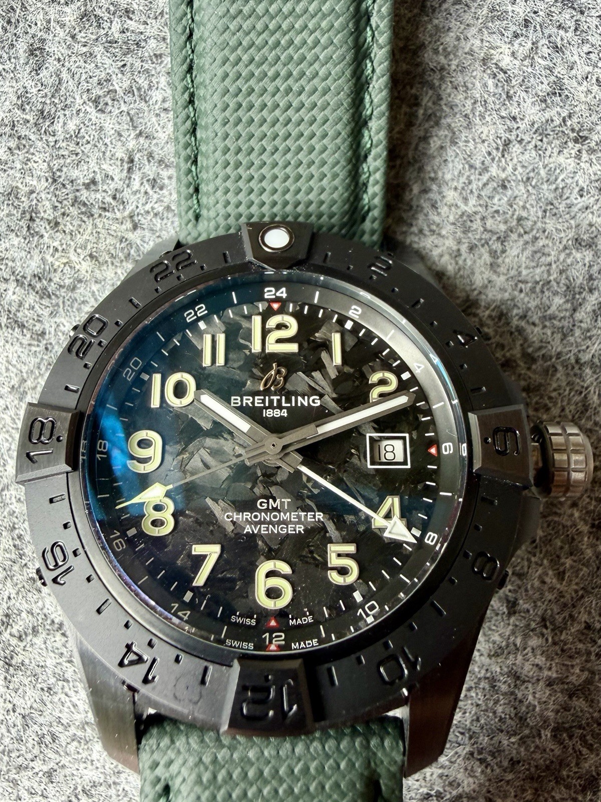 Breitling Avenger Automatic GMT 44mm Black Dial Green Leather Strap 300m