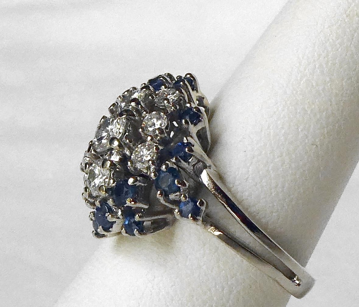 Vintage 14k White Gold 1.50 ctw Diamond Sapphire Waterfall Cluster Cocktail Ring