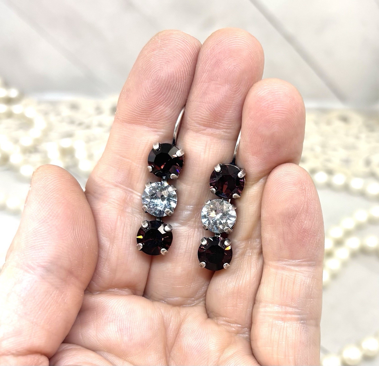 Antique Silver Plated Burgundy Triple Stone Earrings