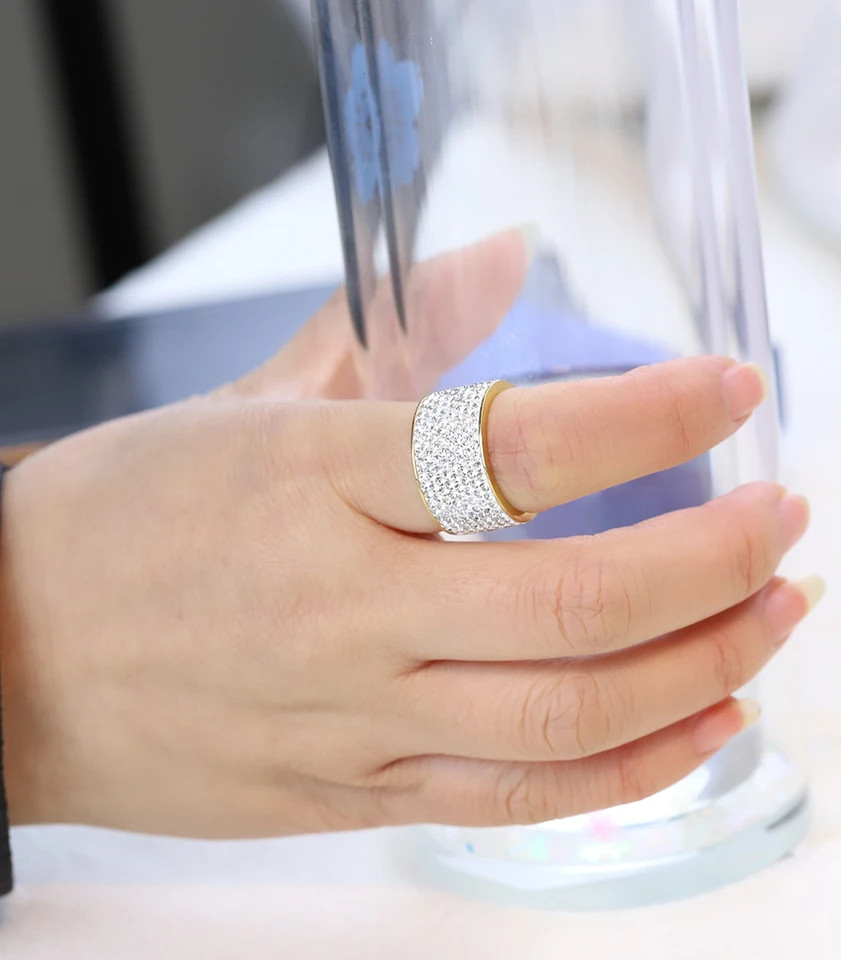 Crystal Pave Ring 8 Row Stainless Steel Gold Plated Wide Band Women Jewelry