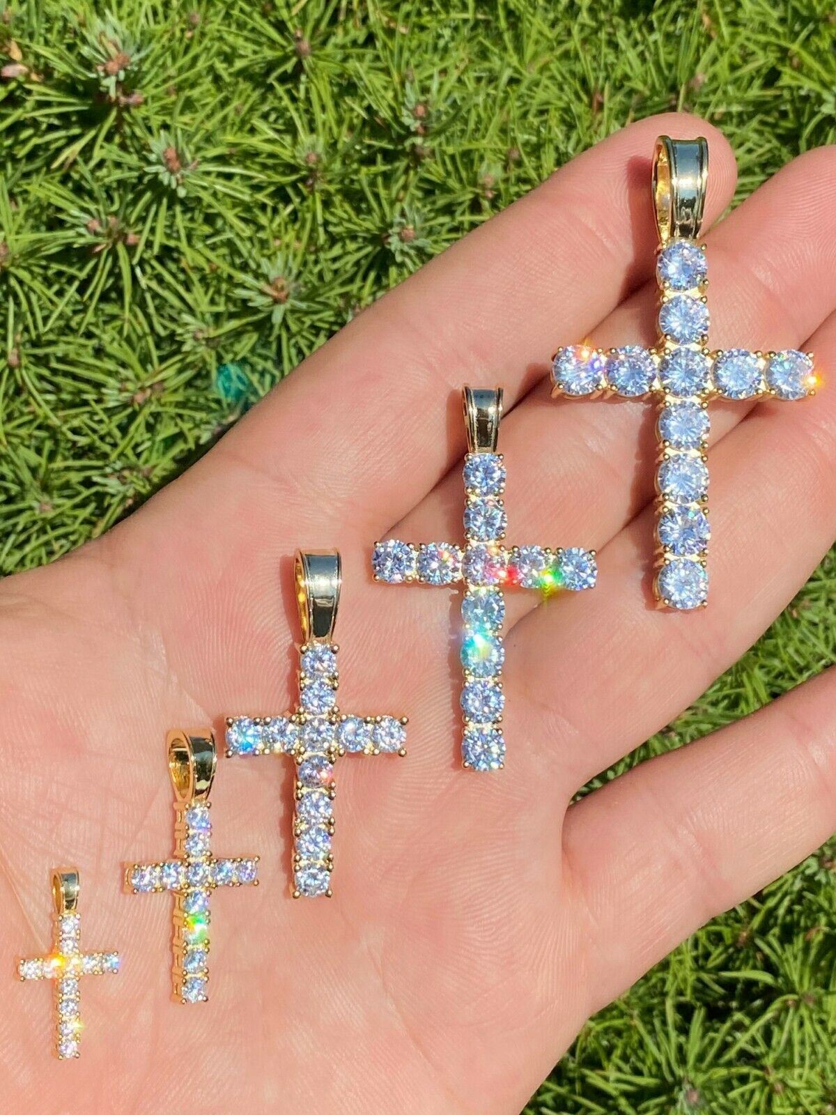 Real MOISSANITE Solid 10k Yellow Gold Iced Tennis Cross Pendant Necklace 5 Sizes