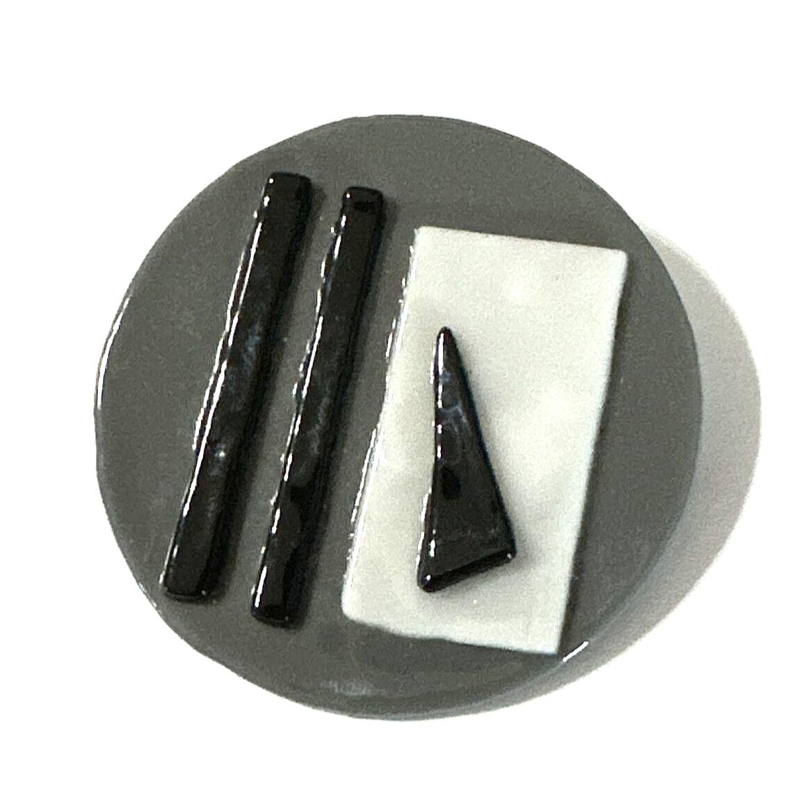 Vintage MCM Modernist Brooch Artisan Abstract Glass Pin Gray White Black 1.75″