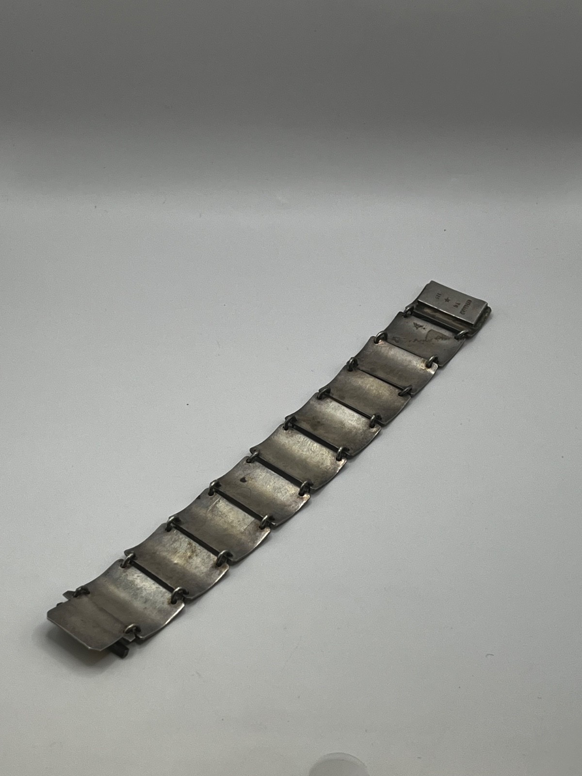Vintage Mid-Century Peruvian 925 Sterling Silver Enamel Link Panel Bracelet 44g