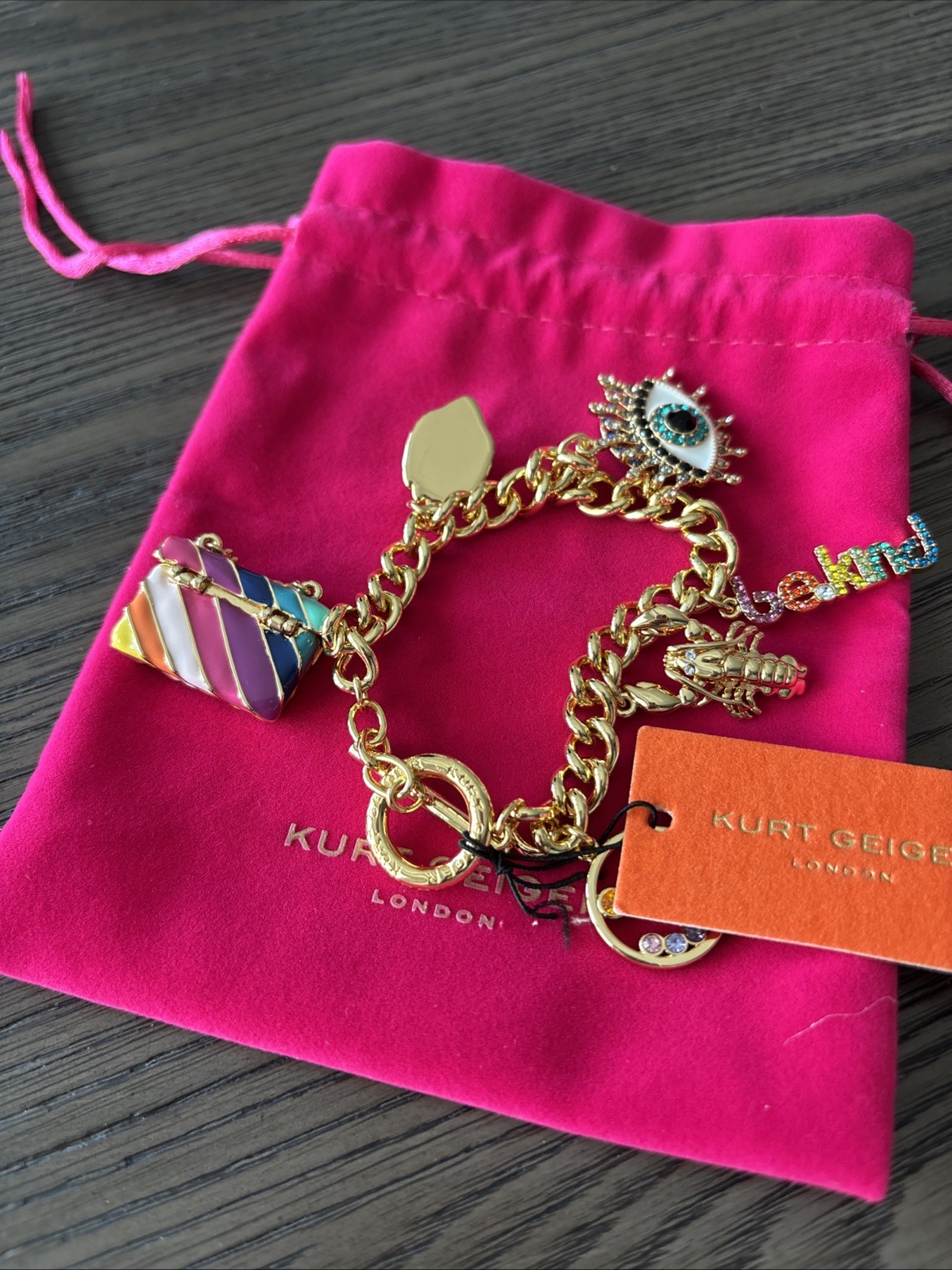 KURT GEIGER LONDON Multi Signature CHARM MULTICOLOR GOLD TONE BRACELET NWT $168