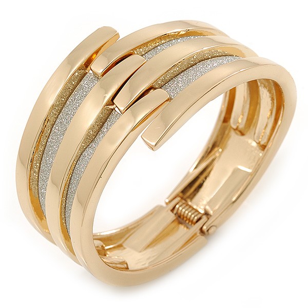 Gold Plated Bar With Silver Glitter Hinged Bangle Bracelet – 18cm L