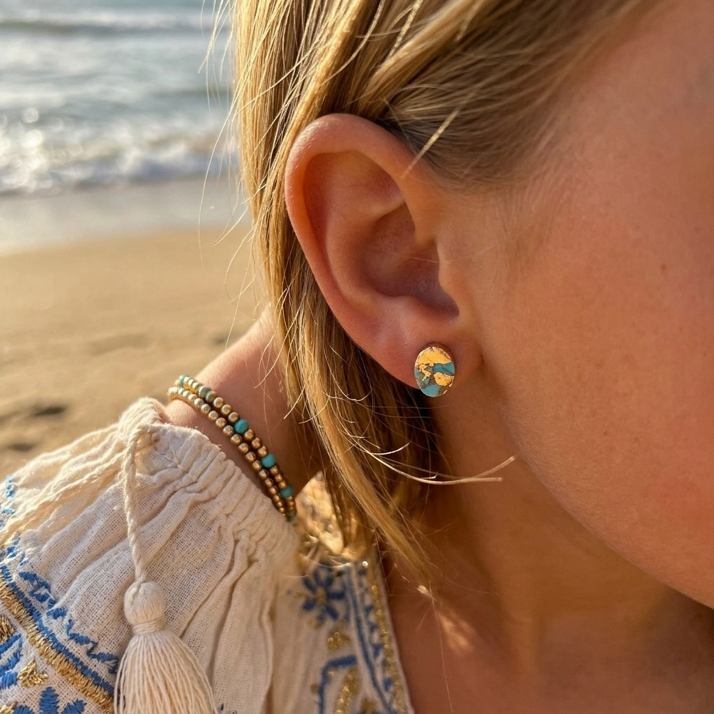 Tiny Blue Turquoise Earrings Gold Plated Dainty Minimalist Studs Small Gemstone