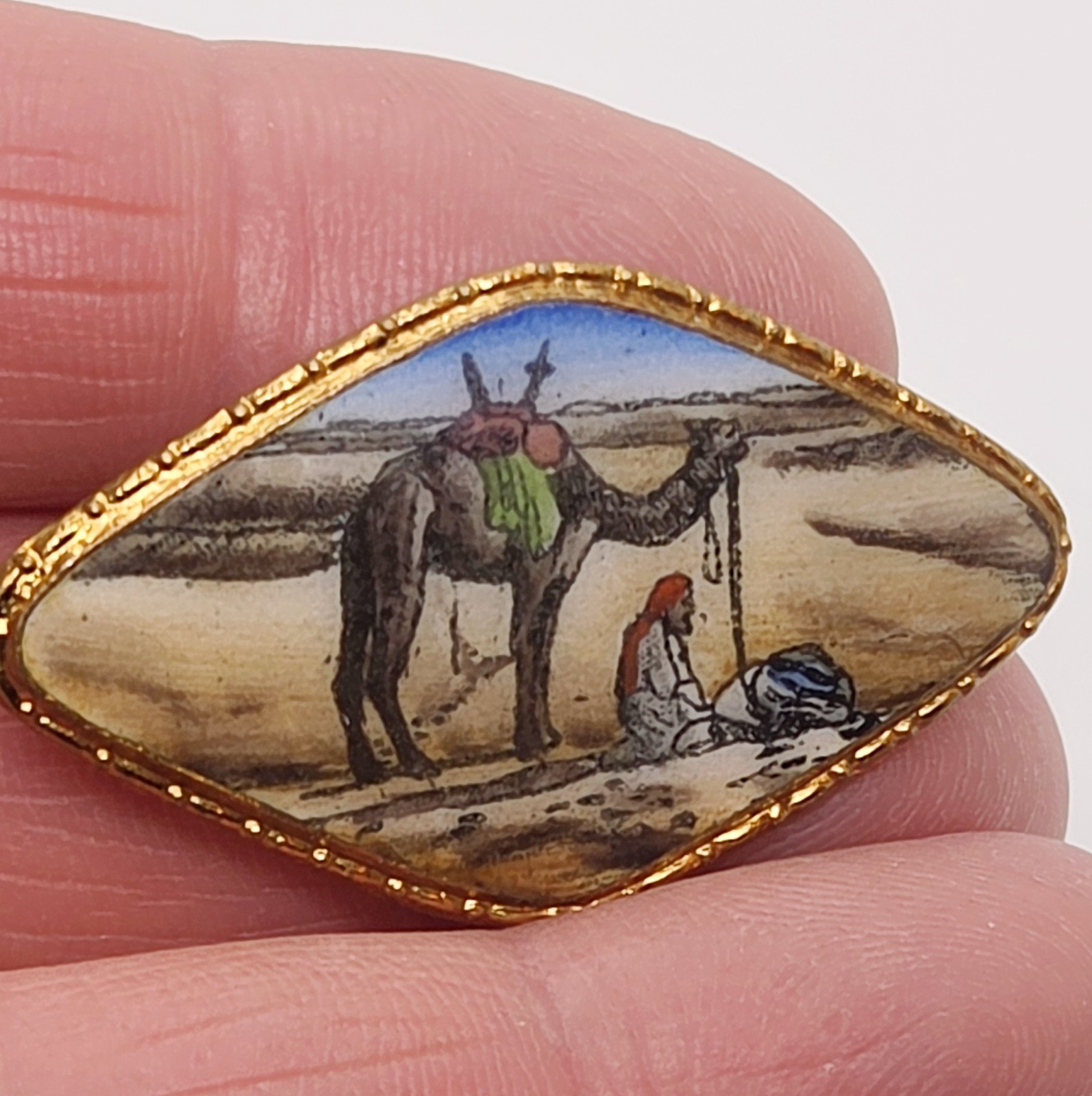 Vtg Enamel Brass Diamond Shape Egyptian Revival Camel Berber Desert Brooch Pin