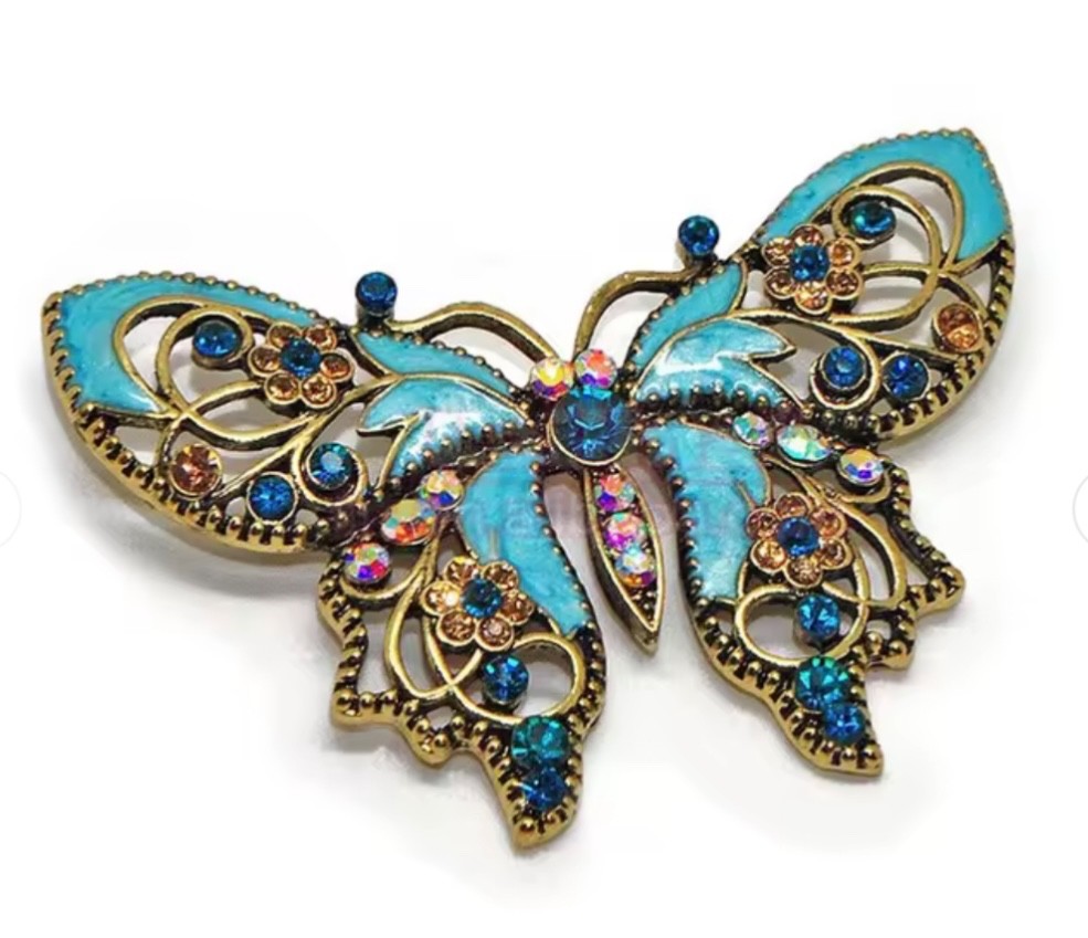 Aqua Blue Butterfly Rhinestone Brooch Box included
