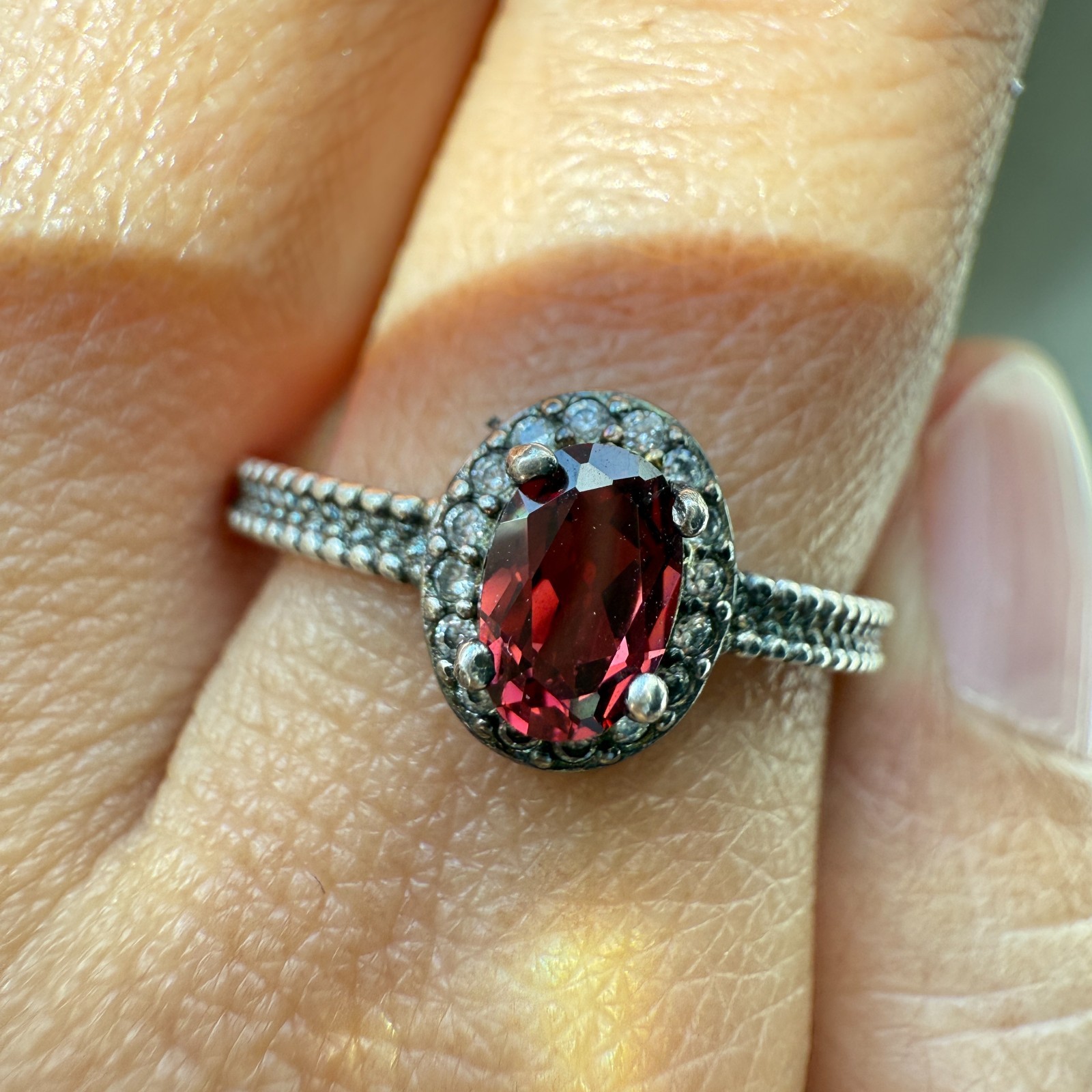 925 Sterling Silver Ring 6x4mm Natural Rhodolite Garnet Zircon Flower Red Gift