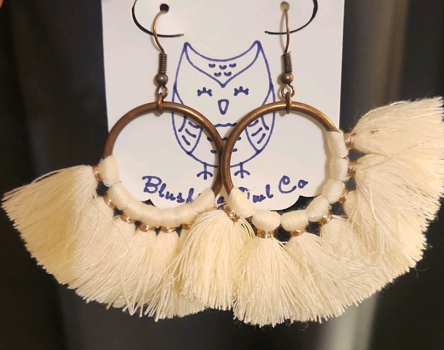 Blushing Owl Co Cream & Bronze Fabric Tassel Hoop Dangle Earrings Hook Closure
