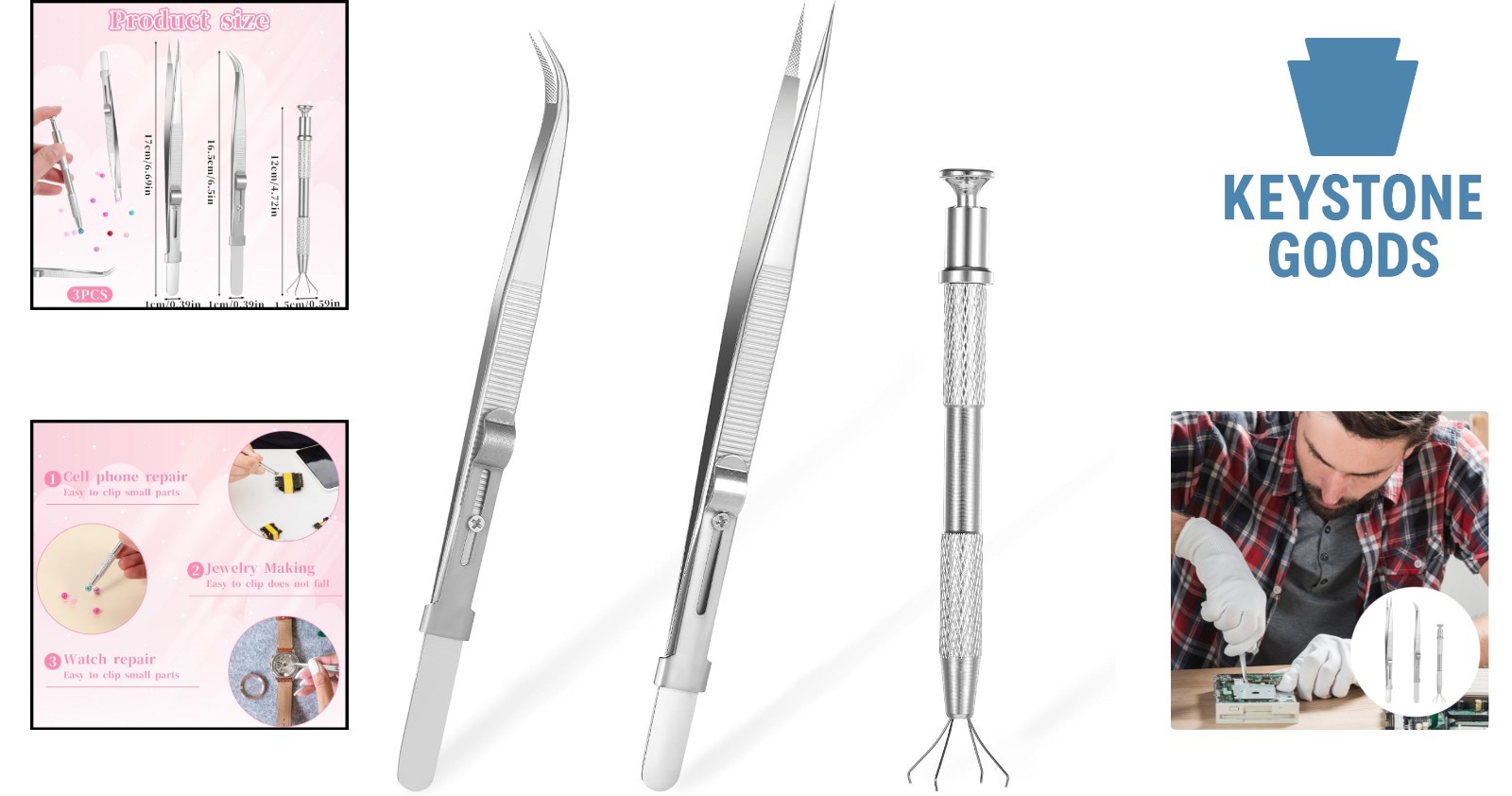 3 Pack Stainless Steel Locking Gemstone Tweezers for Jewelry Making