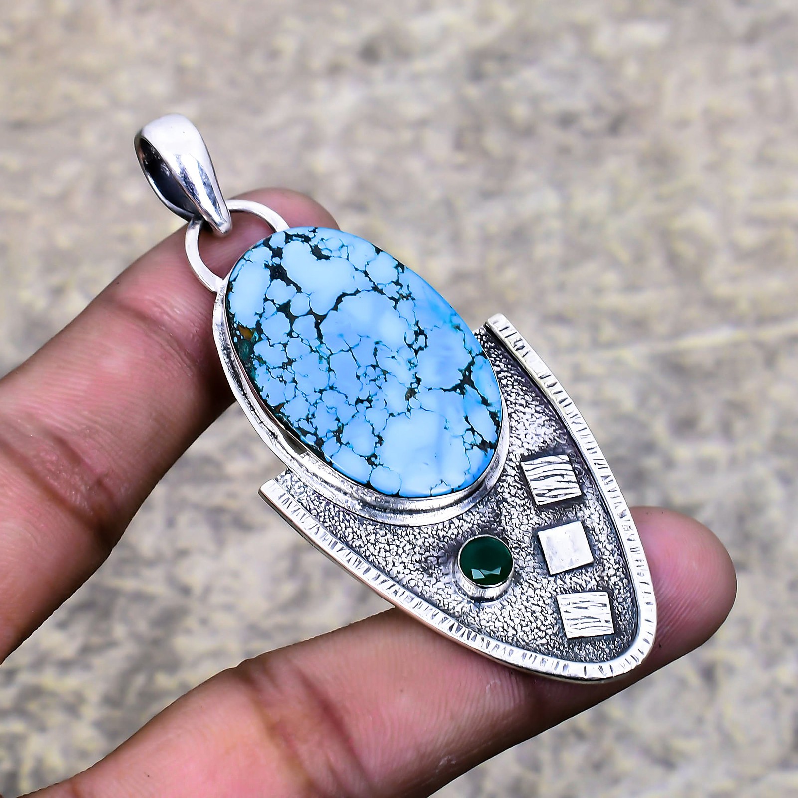 Tibetan Turquoise, Green Onyx Gemstone 925 Sterling Silver Pendant 1.89″