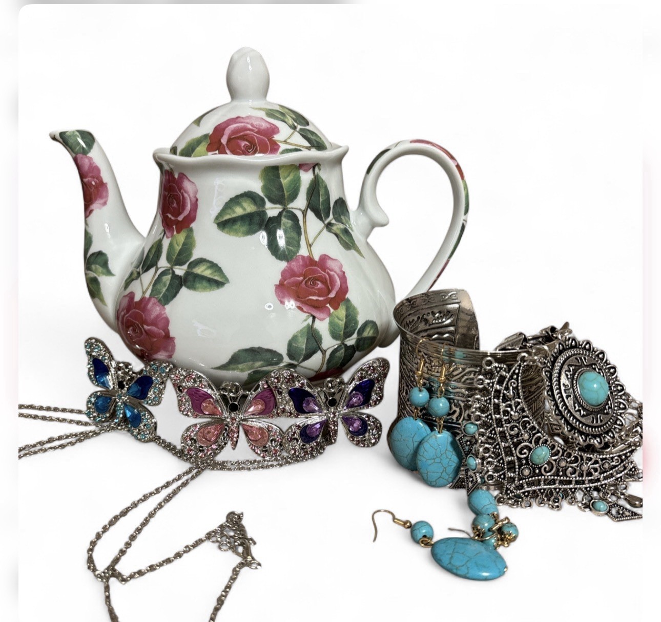 Mystery Jewelry Jar Tea Pot 50 Pieces Blue Silver Tone Jewelry Boho Vintage NEW