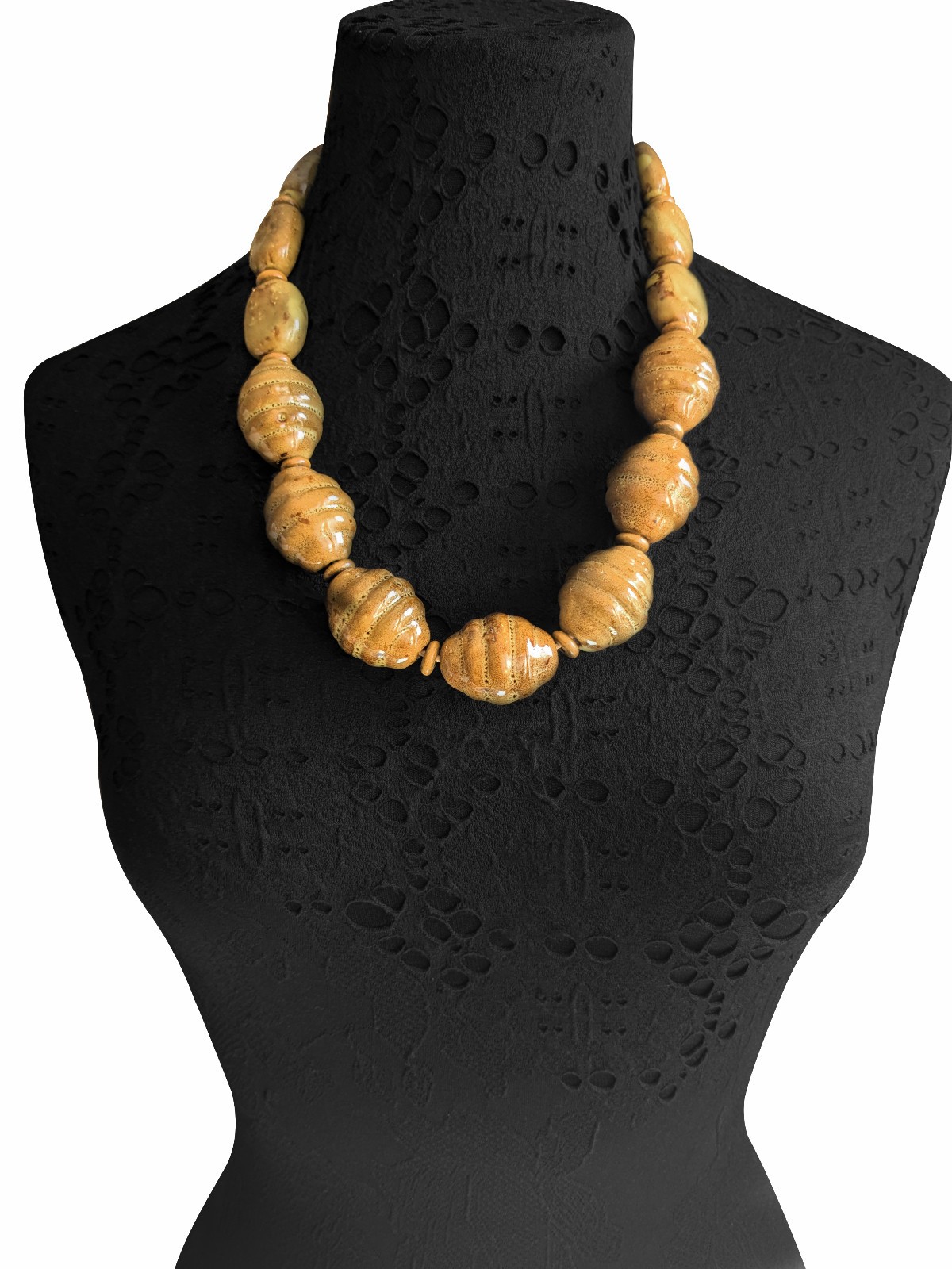 Handmade Mustard Yellow Chunky Ceramic Bead Necklace Gift Statement Jewelry