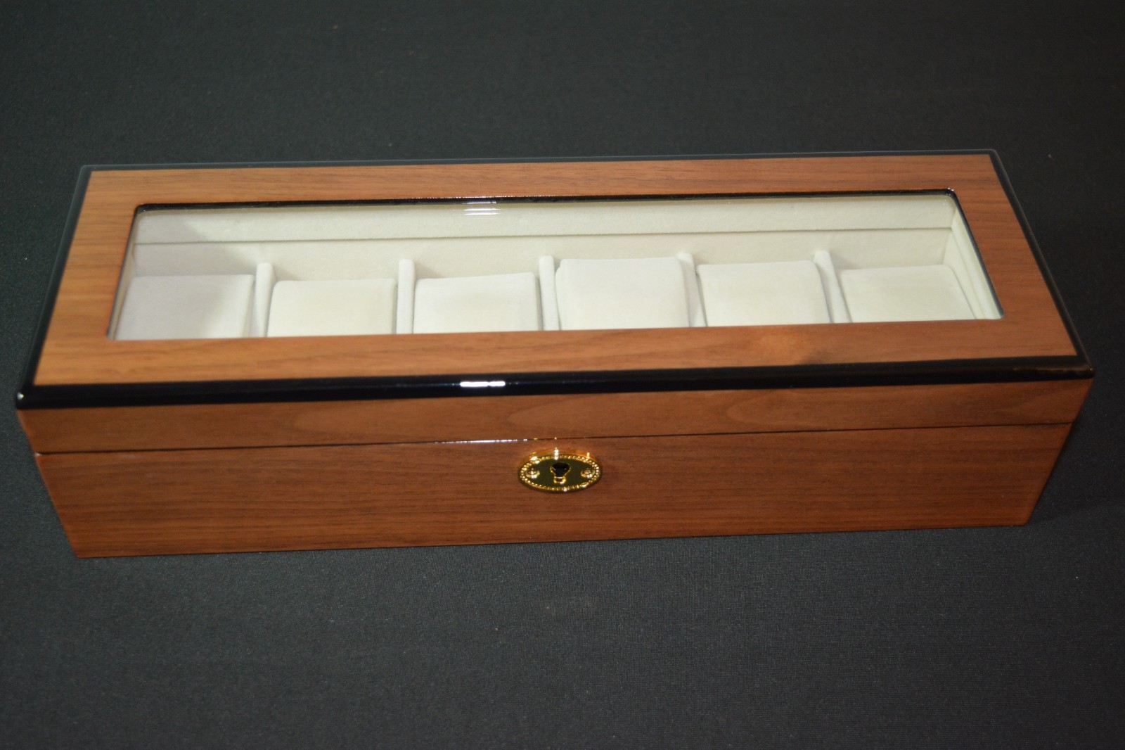 6 slot Luxury Watch Box Jewelry Display Case 6 Wood Grain, glossy, clear lid