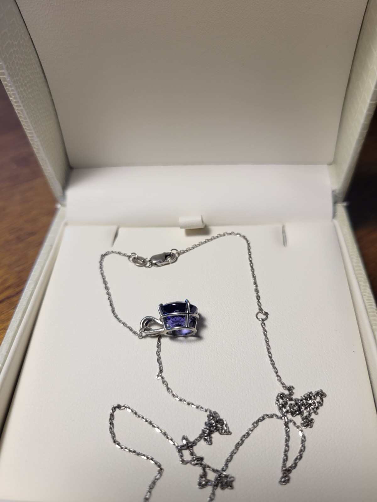 14K White Gold Blue Tanzanite Prong Set Round Pendant Charm Necklace 18in