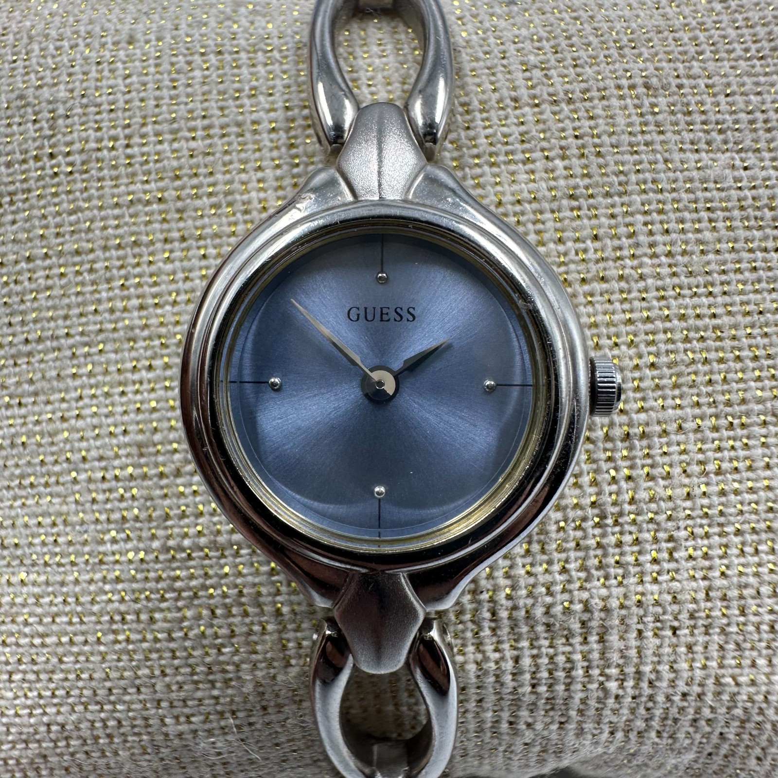 Guess Watch Women Silver Tone Small Blue Dial 19MM New Battery 7.25 Inch