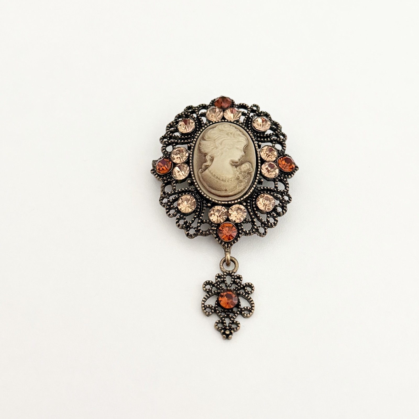 Ladies Vintage Style Resin Cameo Orange Rhinestone Gold Tone Dangle Brooch Pin