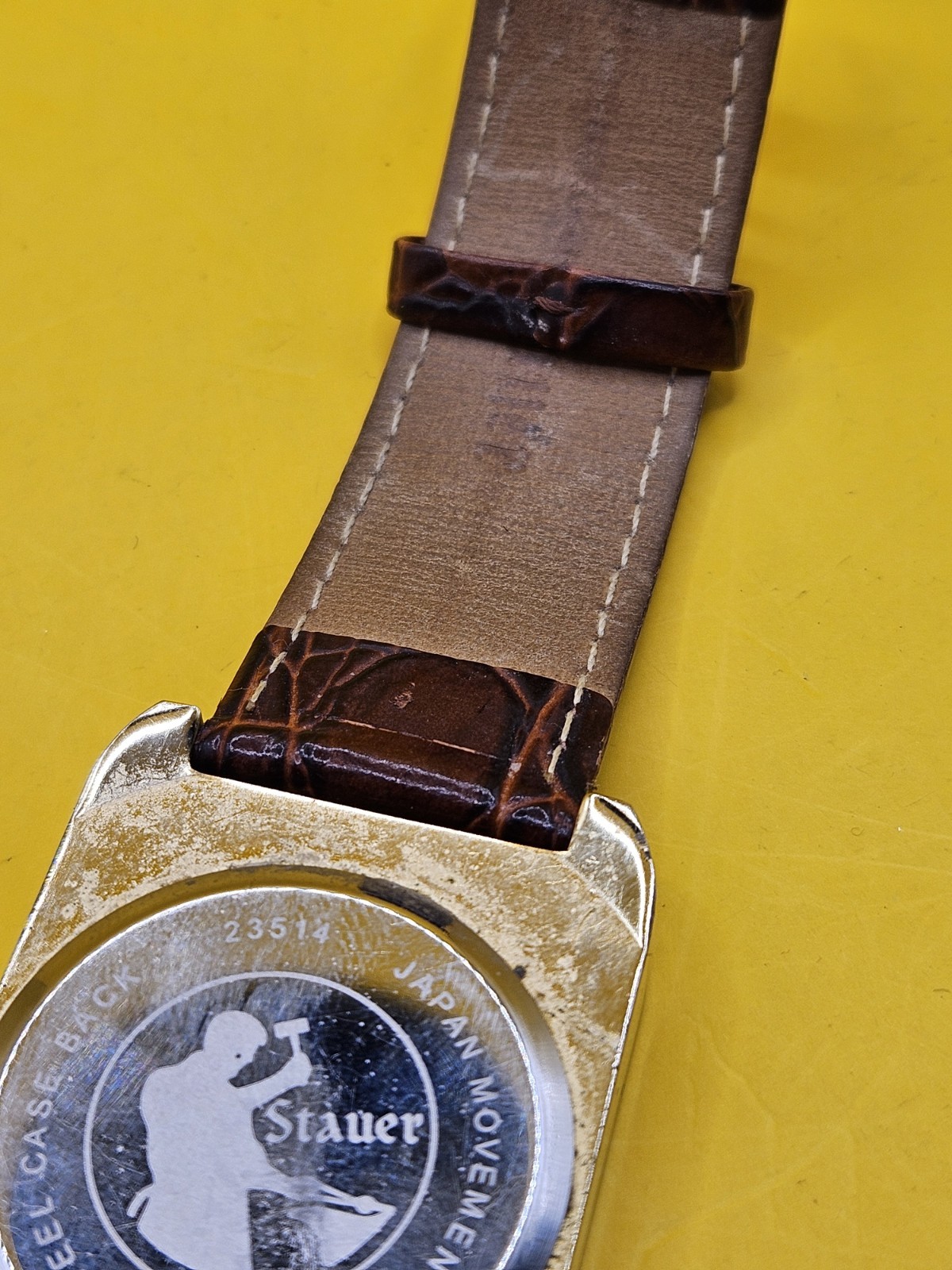 Stauer Moon Phase Quartz Day Date Watch Brown Leather Strap Gold Tone Non Work