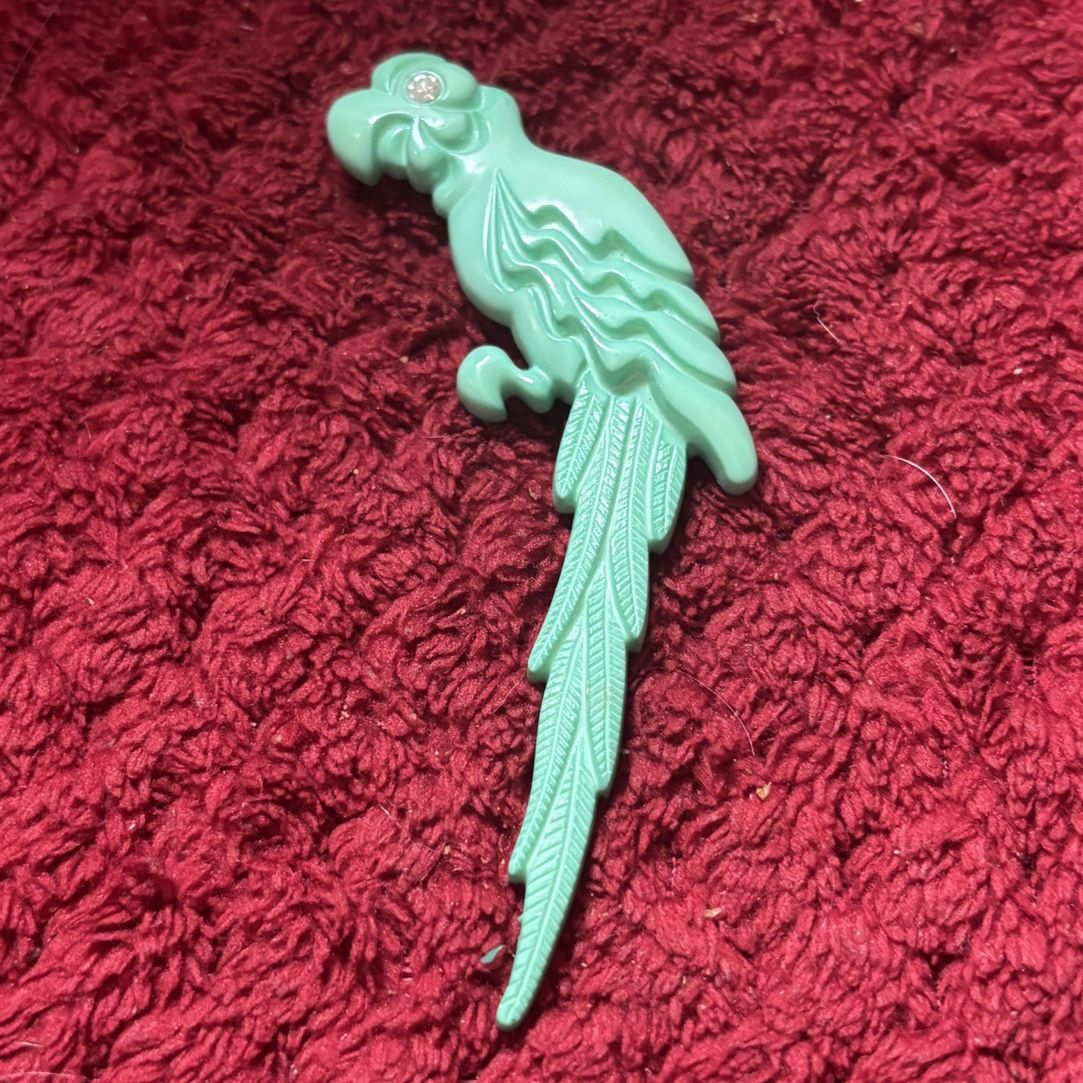 Parrot Bird Brooch Pin – Green Plastic – Rhinestone Eye West Germany – 1553 Rare