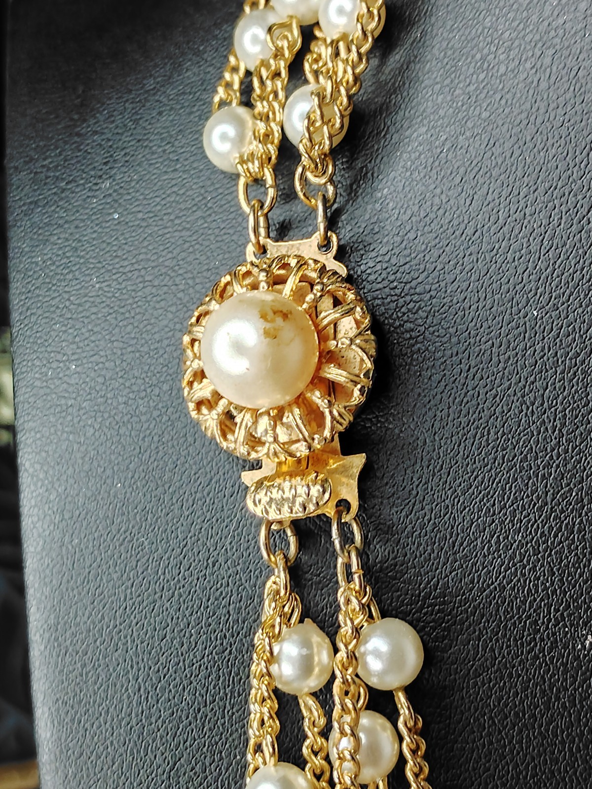 Vintage Gold Tone Multi Strand Faux Pearl Station Necklace