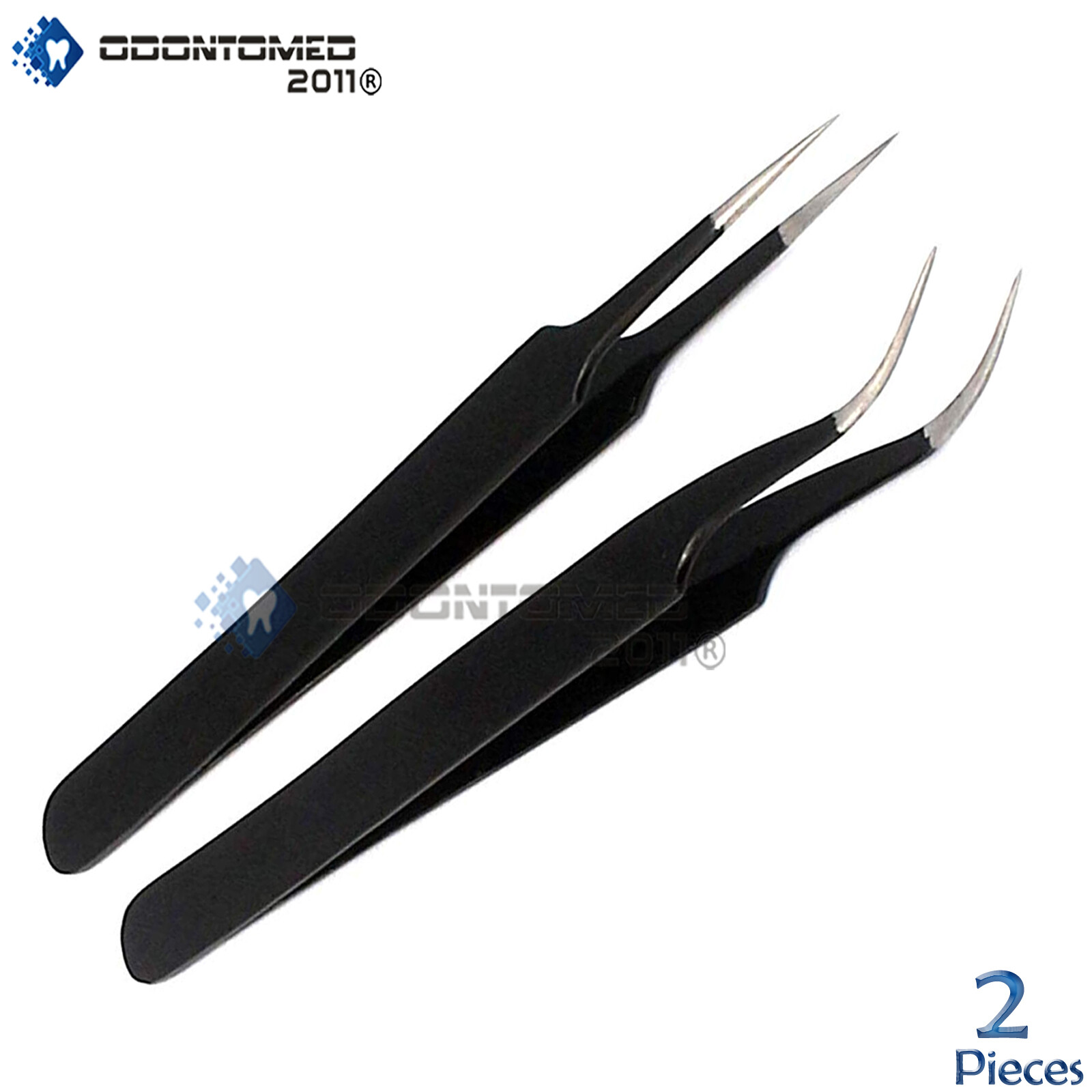 ODM 2 Black Anti Static Tweezers For Make Up Eyelashes Extensions, Str + Cvd