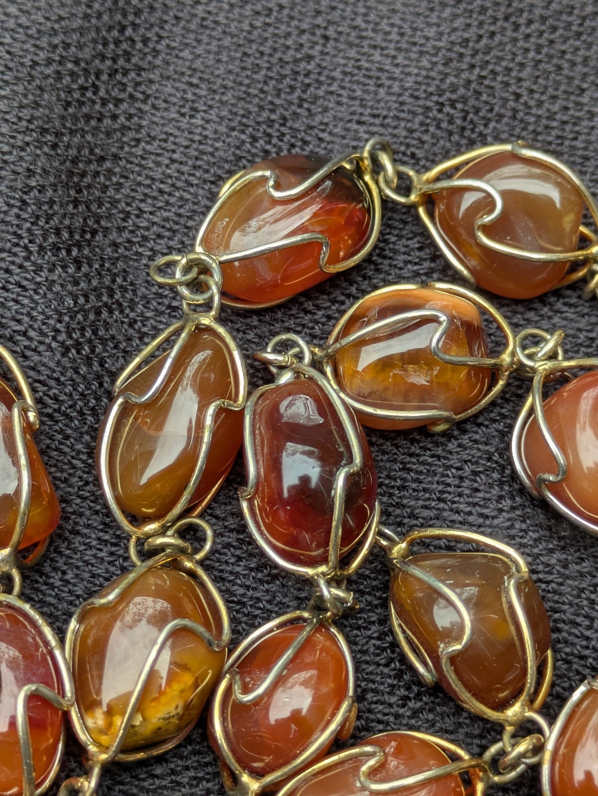 Wire Wrapped Tumbled Banded Agate 32.5″ Necklace ~ Red Orange Brown Gemstone F19