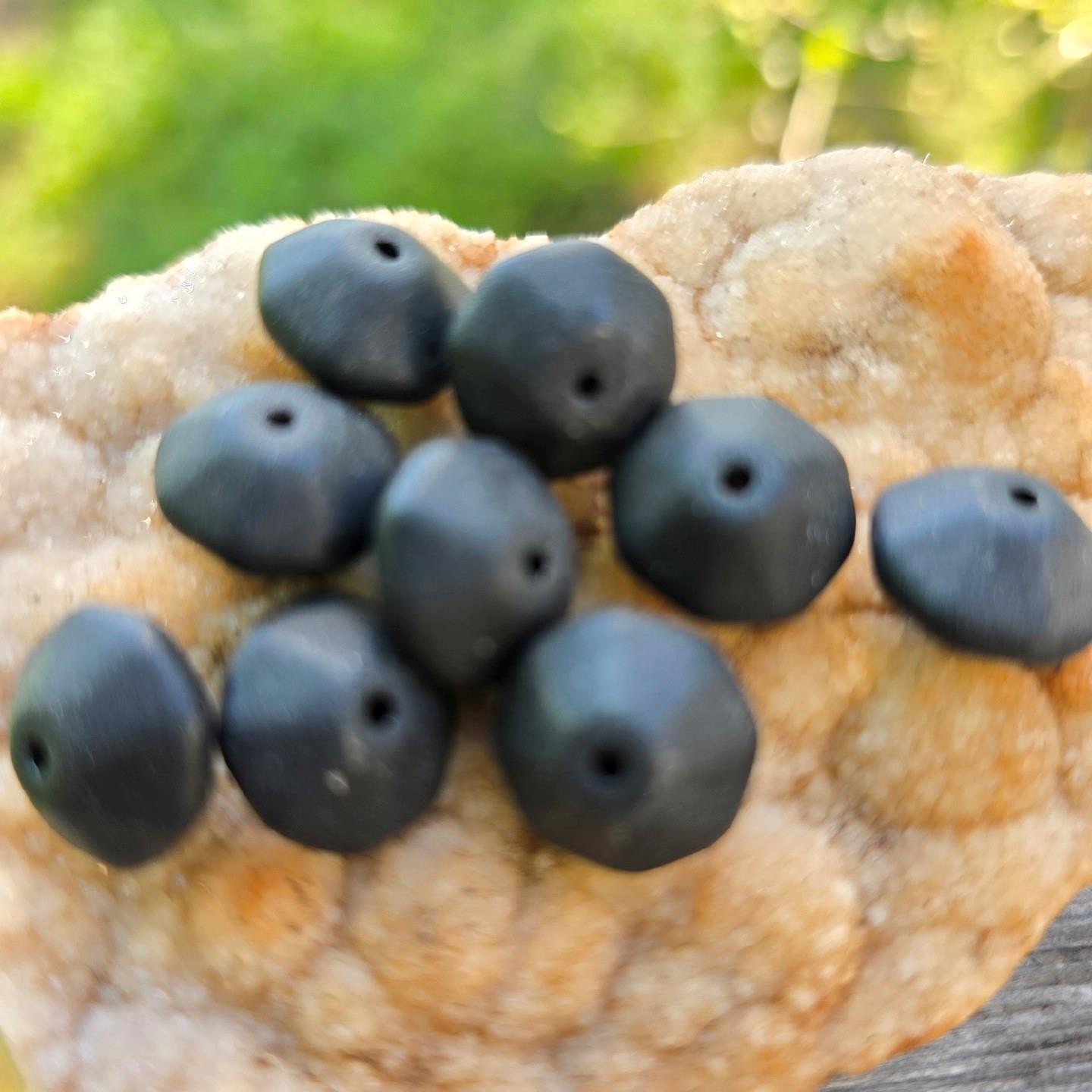 Vintage Matte Black Frosted German Glass Faceted Bicone Beads Brutalist 8pc