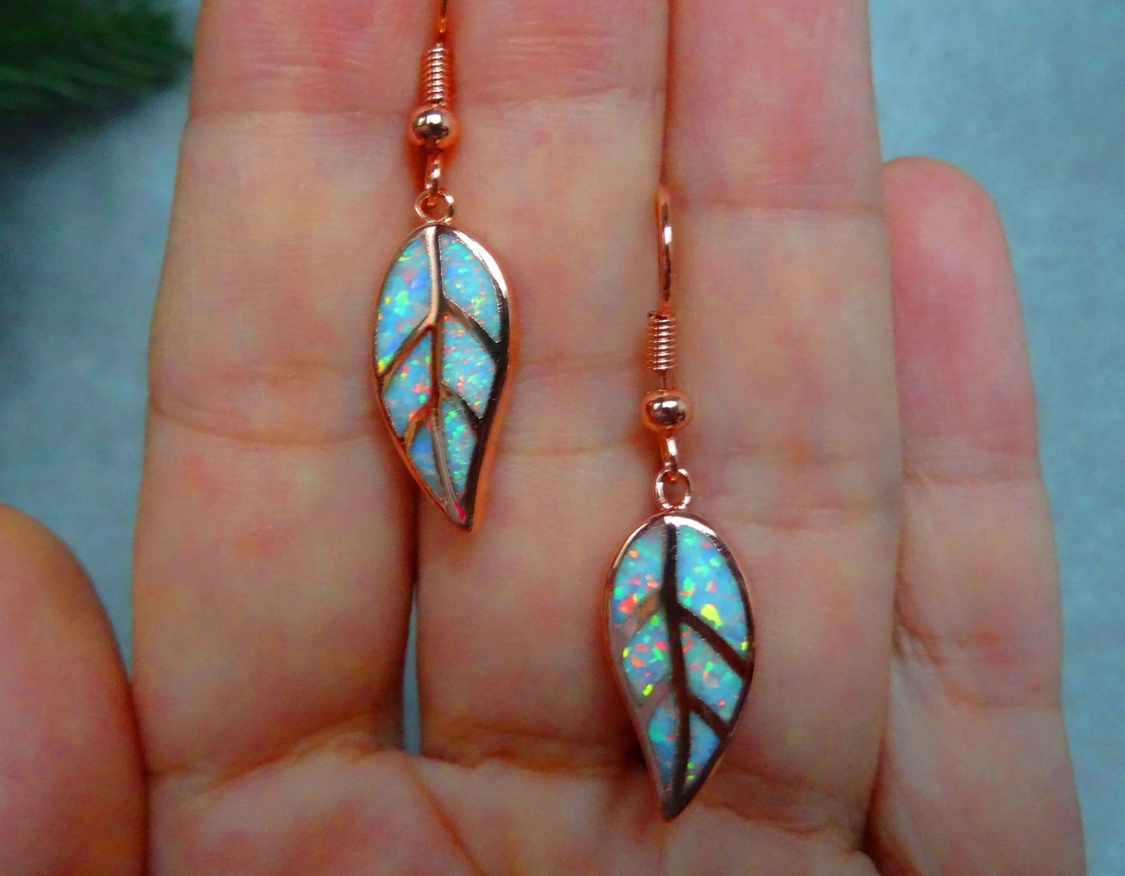 Rose Opal Leaf Earrings Rose Gold Plated Fire Opal Earrings in Rose Gold Opal