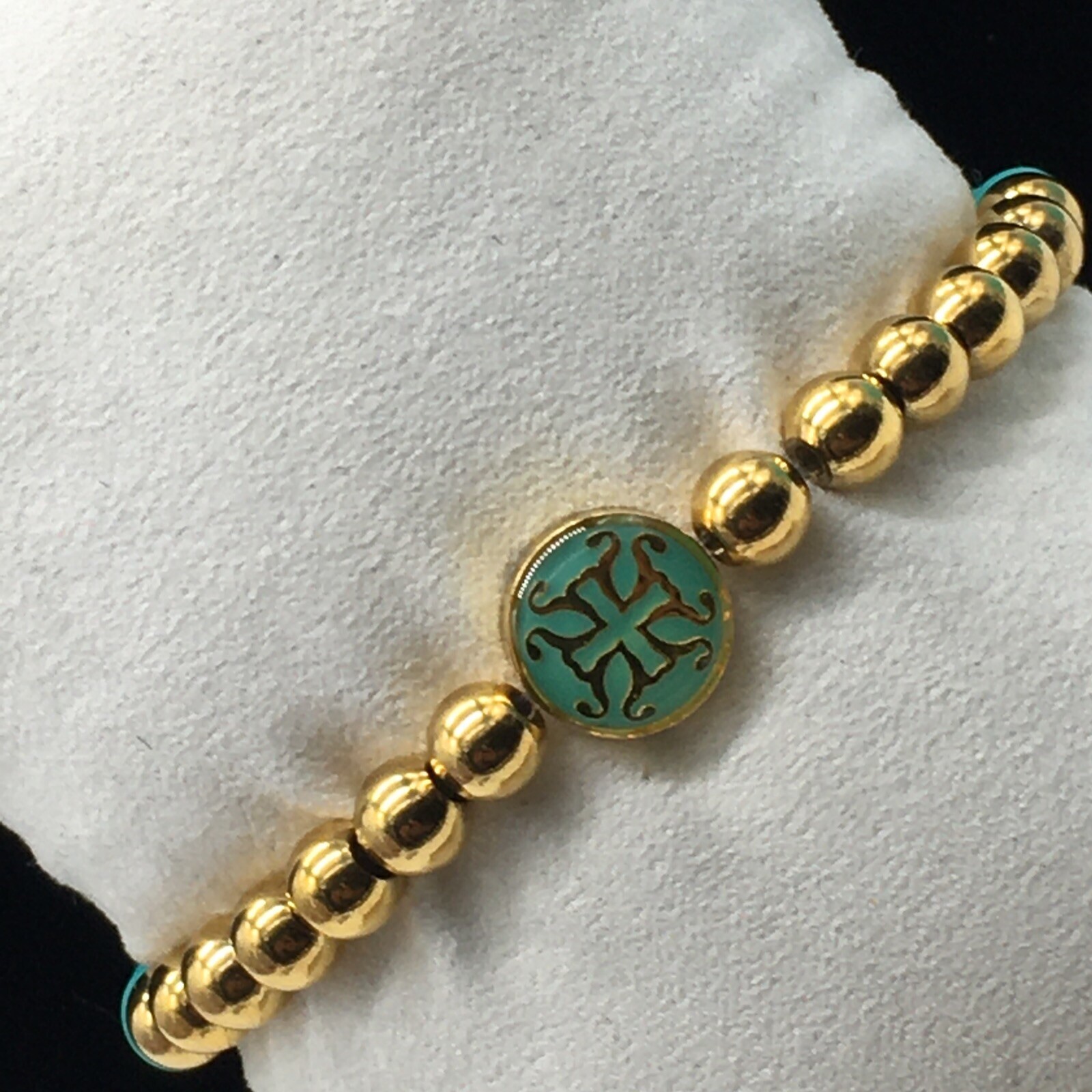 Rustic Cuff Mini Melanie Gold Tone Bracelet Teal Silicone Beaded Charm Logo