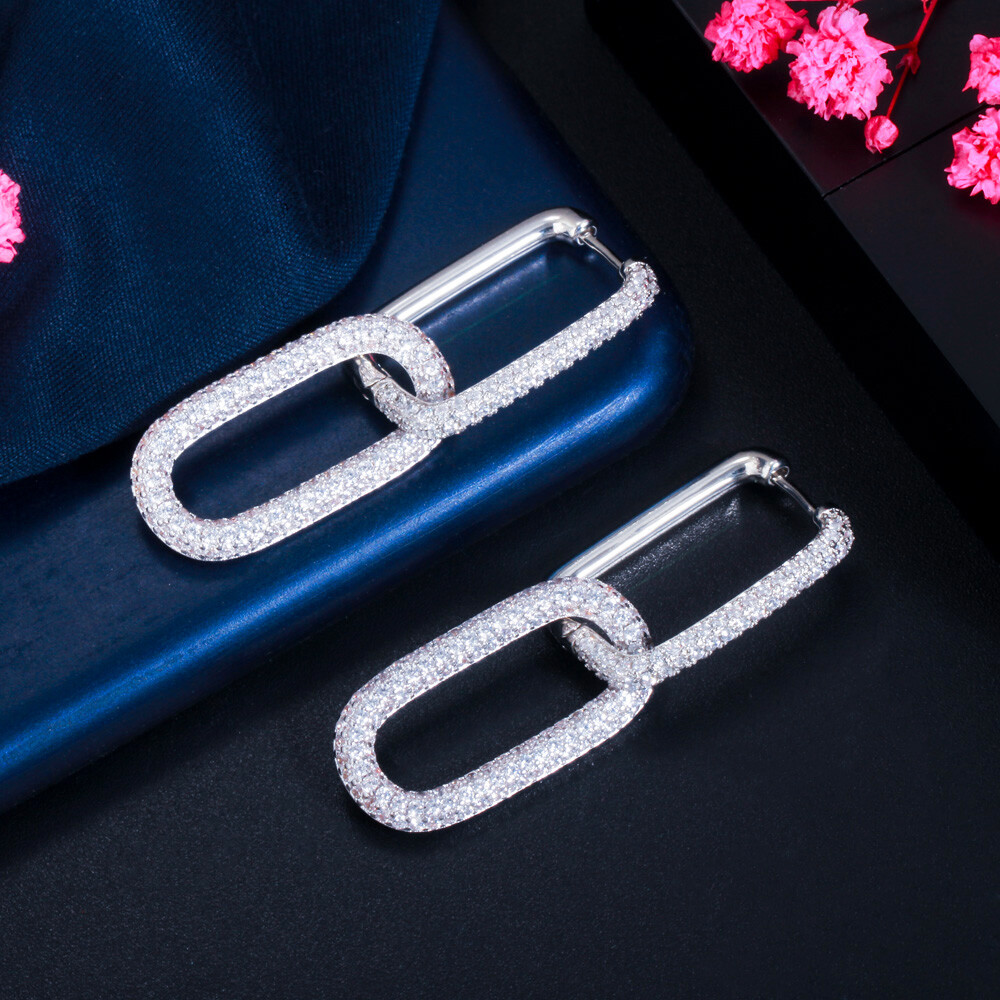Gold Plated Mix Multicolor CZ Bridal Dangle Drop Rectangle Charm Hoop Earrings