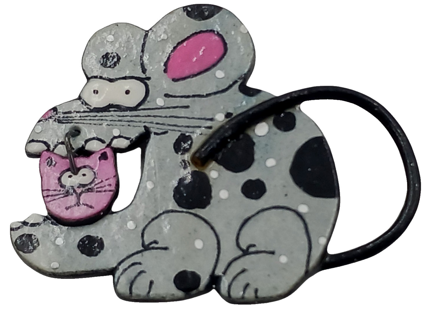Mouse w/Cat Head In Mouth Brooch Pin Gray Glossy Cartoon Like Rat 2 1/8″ VTG