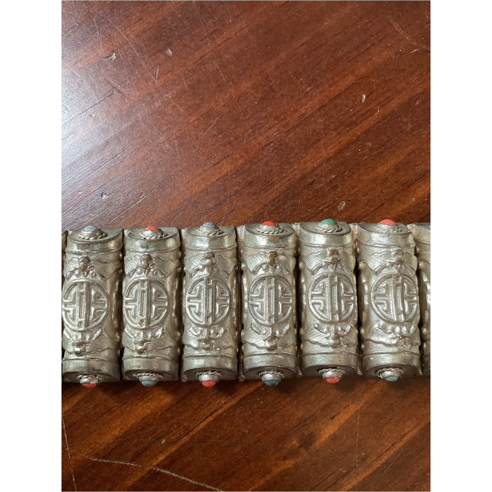 Vintage Chinese Export Silver Tone Asian Bracelet Cuff